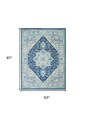 Homeroots 5' X 7' Elegant Ivory And Navy Blue Floral Medallion Distressed Area Rug - Durable & Stain Resistant  Polypropylene 550894