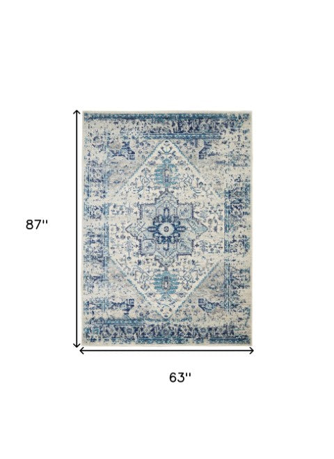 Homeroots 5' X 7' Distressed Floral Medallion Area Rug In Ivory And Light Blue – Durable, Stain-resistant Charm  Polypropylene 550895