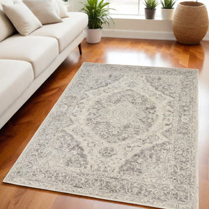 Homeroots 5' X 7' Ivory And Gray Floral Medallion Rug - Durable, Stain-resistant, Perfect For Kids & Pets!  Polypropylene 550896