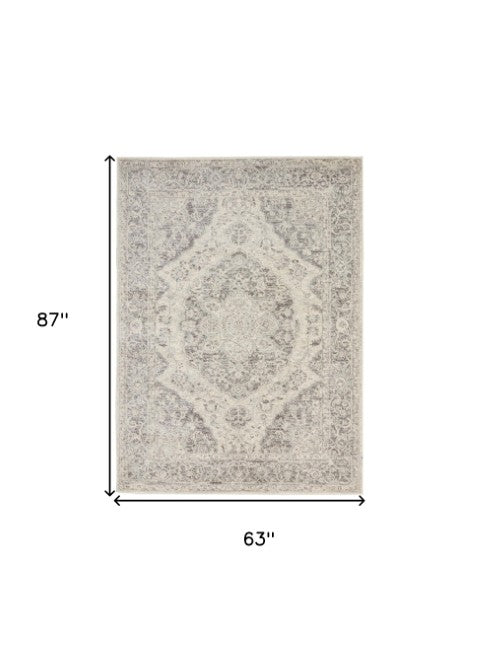 Homeroots 5' X 7' Ivory And Gray Floral Medallion Rug - Durable, Stain-resistant, Perfect For Kids & Pets!  Polypropylene 550896