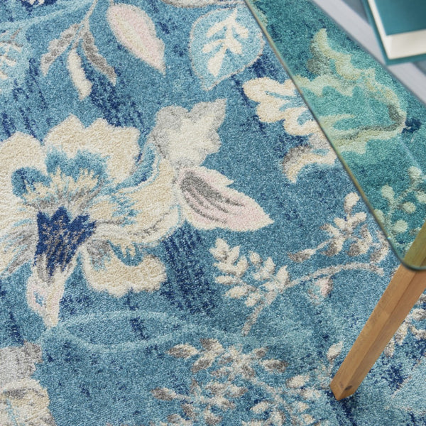 HomeRoots 5' X 7' Vintage-Inspired Turquoise Cream & Navy Floral Distressed Area Rug for Stylish Homes 550897