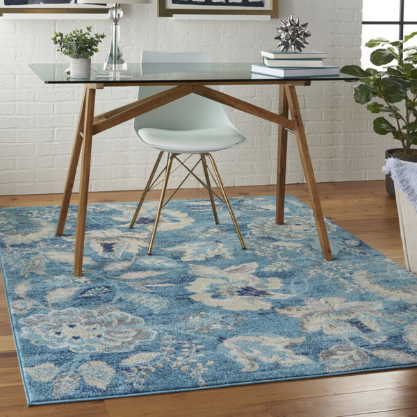 HomeRoots 5' X 7' Vintage-Inspired Turquoise Cream & Navy Floral Distressed Area Rug for Stylish Homes 550897