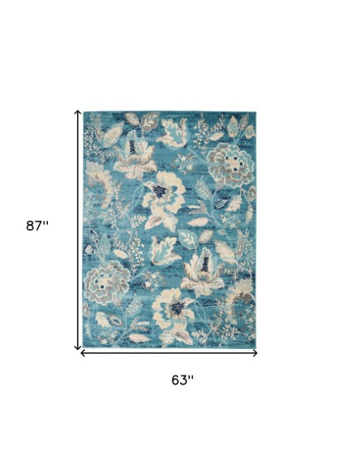 Homeroots 5' X 7' Turquoise Floral Area Rug - Stain Resistant, Durable, Perfect For Kids & Pets, Stylish Decor  Polypropylene 550897