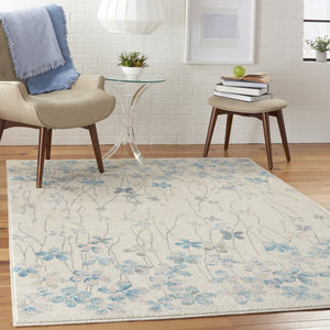 HomeRoots 5' Elegant Ivory and Blue Floral Area Rug - Durable, Stain-Resistant Design for Family Spaces 5' X 7' 550898
