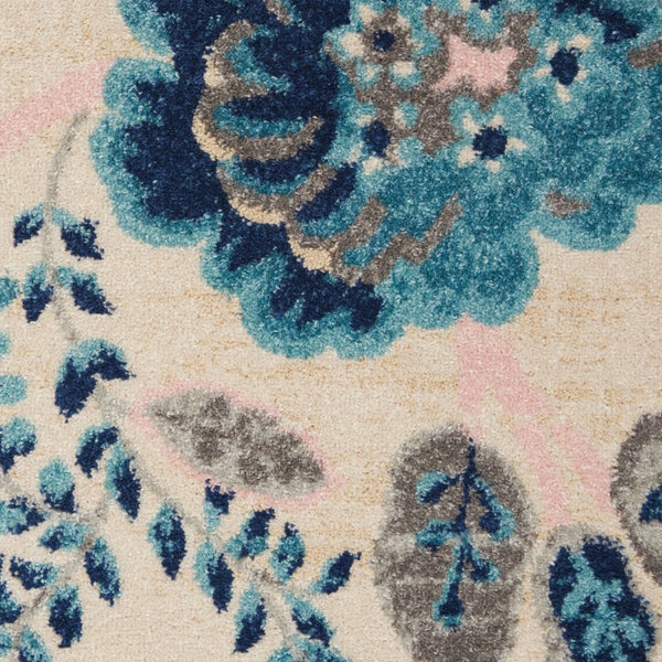 HomeRoots 5' Cottage-Inspired Floral Area Rug in Navy & Light Blue on Ivory - Durable, Stain-Resistant Design 550899