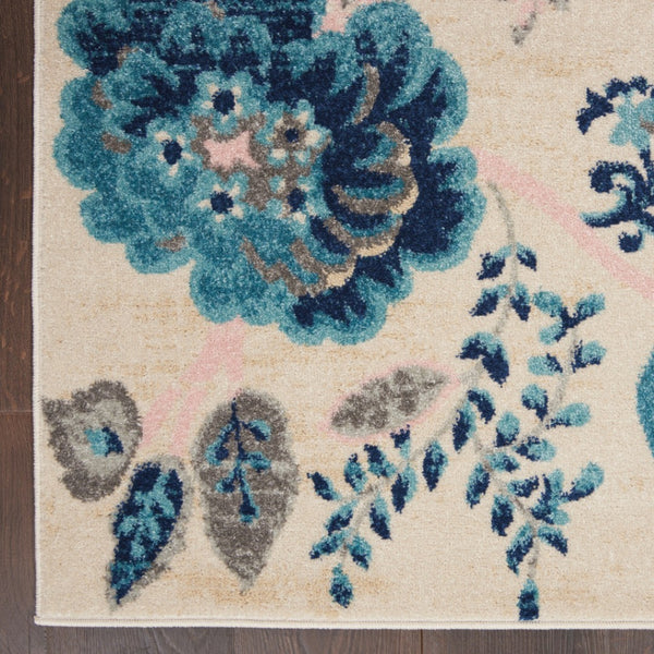 HomeRoots 5' Cottage-Inspired Floral Area Rug in Navy & Light Blue on Ivory - Durable, Stain-Resistant Design 550899