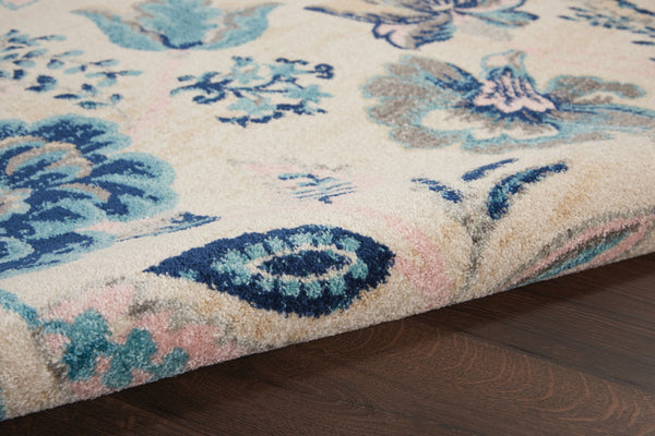 HomeRoots 5' Cottage-Inspired Floral Area Rug in Navy & Light Blue on Ivory - Durable, Stain-Resistant Design 550899