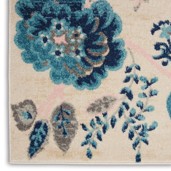 HomeRoots 5' Cottage-Inspired Floral Area Rug in Navy & Light Blue on Ivory - Durable, Stain-Resistant Design 550899