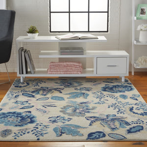 HomeRoots 5' Cottage-Inspired Floral Area Rug in Navy & Light Blue on Ivory - Durable, Stain-Resistant Design 550899
