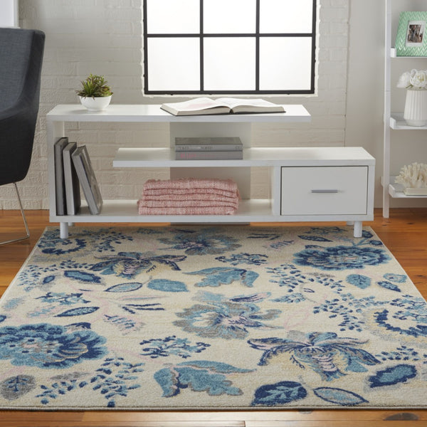 HomeRoots 5' Cottage-Inspired Floral Area Rug in Navy & Light Blue on Ivory - Durable, Stain-Resistant Design 550899