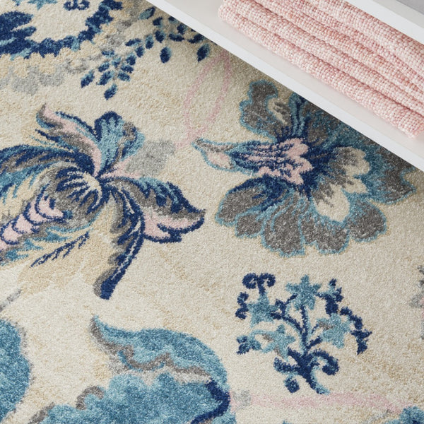 HomeRoots 5' Cottage-Inspired Floral Area Rug in Navy & Light Blue on Ivory - Durable, Stain-Resistant Design 550899