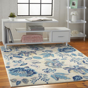 HomeRoots 5' Cottage-Inspired Floral Area Rug in Navy & Light Blue on Ivory - Durable, Stain-Resistant Design 550899