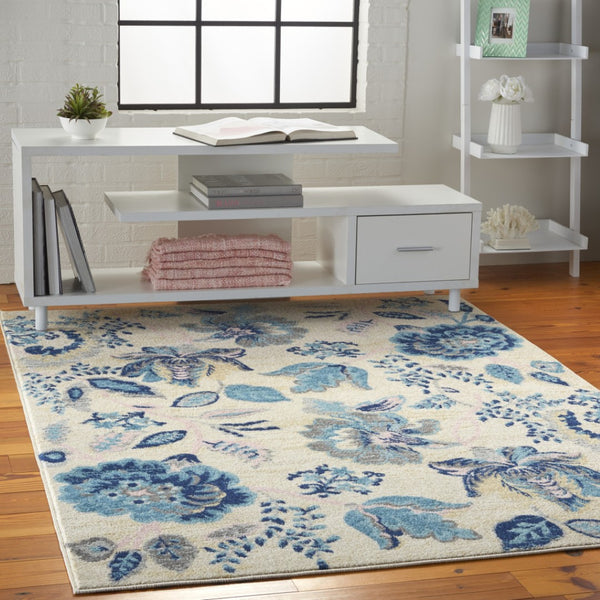 HomeRoots 5' Cottage-Inspired Floral Area Rug in Navy & Light Blue on Ivory - Durable, Stain-Resistant Design 550899