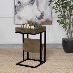 English Elm 1 Drawer Side Table with Leatherette Sling Tobacco Rustic Chessboard Top, Iron Frame, Drawer Storage B016P384808