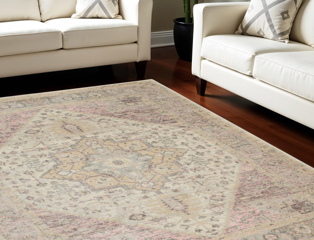 Homeroots 6' X 9' Floral Medallion Distressed Area Rug In Ivory Pink & Gray - Stylish, Durable & Stain Resistant!  Polypropylene 550900