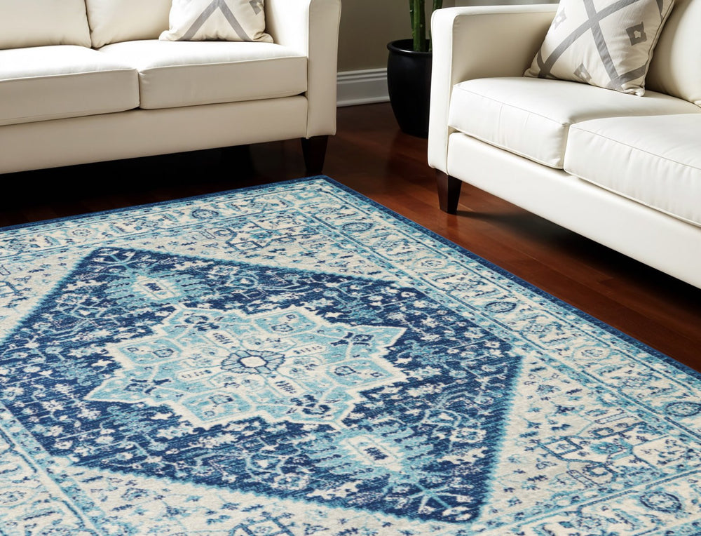 Homeroots 6' X 9' Ivory & Navy Blue Floral Medallion Rug – Stain Resistant, Durable, Perfect For Any Home Decor!  Polypropylene 550901
