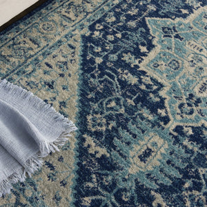 HomeRoots 6' Ivory and Navy Blue Floral Medallion Distressed Area Rug for Timeless Style in Any Room 6' X 9' 550901