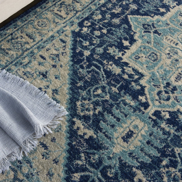 HomeRoots 6' Ivory and Navy Blue Floral Medallion Distressed Area Rug for Timeless Style in Any Room 6' X 9' 550901