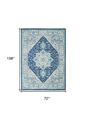 Homeroots 6' X 9' Ivory & Navy Blue Floral Medallion Rug – Stain Resistant, Durable, Perfect For Any Home Decor!  Polypropylene 550901