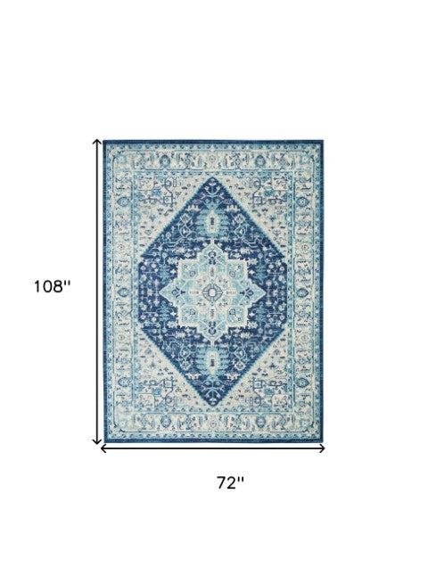 Homeroots 6' X 9' Ivory & Navy Blue Floral Medallion Rug – Stain Resistant, Durable, Perfect For Any Home Decor!  Polypropylene 550901