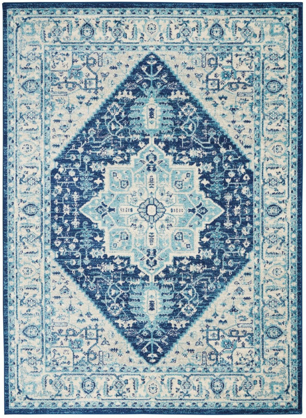 HomeRoots 6' Ivory and Navy Blue Floral Medallion Distressed Area Rug for Timeless Style in Any Room 6' X 9' 550901
