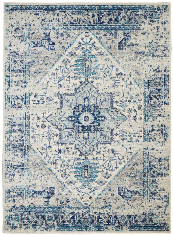 Homeroots 6' X 9' Ivory & Light Blue Floral Medallion Distressed Rug - Stain Resistant, Durable & Stylish Home Accent  Polypropylene 550902