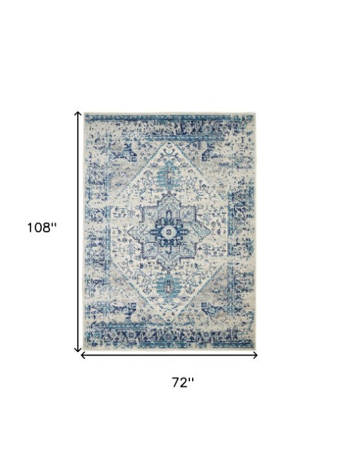 Homeroots 6' X 9' Ivory & Light Blue Floral Medallion Distressed Rug - Stain Resistant, Durable & Stylish Home Accent  Polypropylene 550902