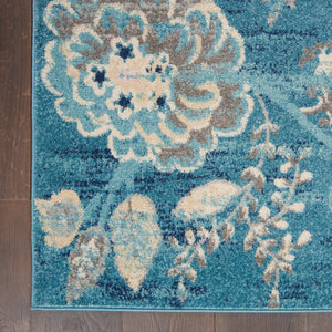 Homeroots 6' Stunning Turquoise Cream & Navy Floral Distressed Area Rug - Durable, Stain Resistant Design! 6' X 9' Polypropylene 550904