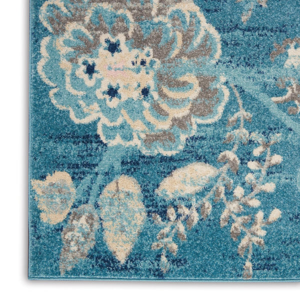 HomeRoots 6' Turquoise Cream and Navy Blue Floral Distressed Area Rug for Timeless Style and Durability 6' X 9' 550904