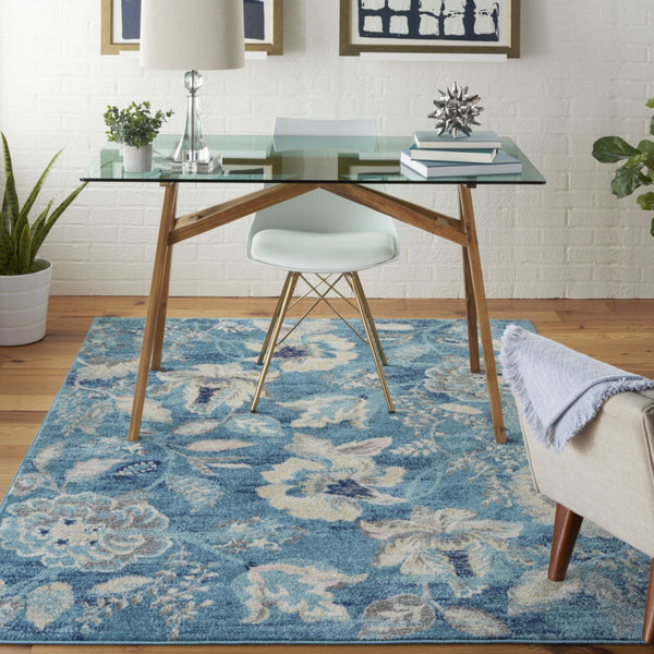 HomeRoots 6' Turquoise Cream and Navy Blue Floral Distressed Area Rug for Timeless Style and Durability 6' X 9' 550904