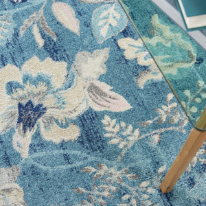 HomeRoots 6' Turquoise Cream and Navy Blue Floral Distressed Area Rug for Timeless Style and Durability 6' X 9' 550904