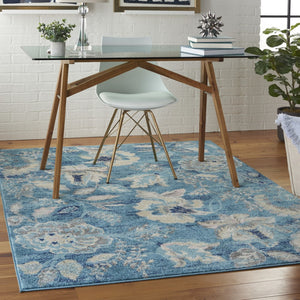 HomeRoots 6' Turquoise Cream and Navy Blue Floral Distressed Area Rug for Timeless Style and Durability 6' X 9' 550904