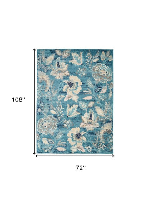 Homeroots 6' Stunning Turquoise Cream & Navy Floral Distressed Area Rug - Durable, Stain Resistant Design! 6' X 9' Polypropylene 550904