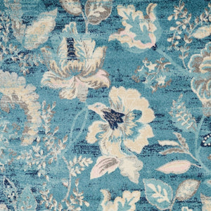 Homeroots 6' Stunning Turquoise Cream & Navy Floral Distressed Area Rug - Durable, Stain Resistant Design! 6' X 9' Polypropylene 550904