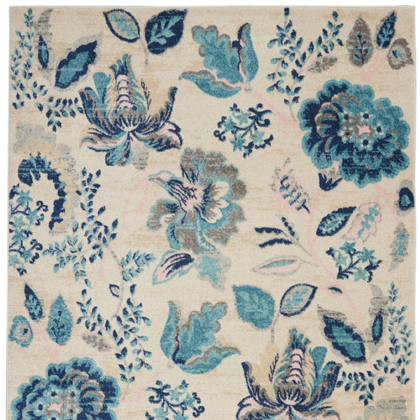 Homeroots 6' Floral Area Rug In Ivory, Navy & Light Blue – Durable, Stain Resistant, Perfect For Homes With Kids!  Polypropylene 550906