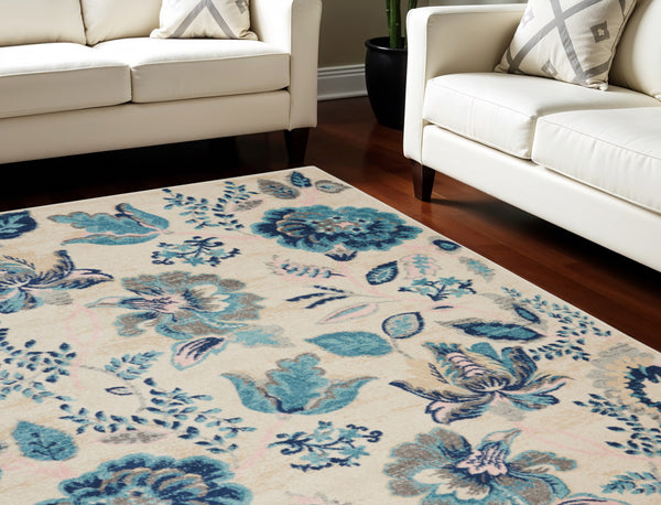 Homeroots 6' Floral Area Rug In Ivory, Navy & Light Blue – Durable, Stain Resistant, Perfect For Homes With Kids!  Polypropylene 550906
