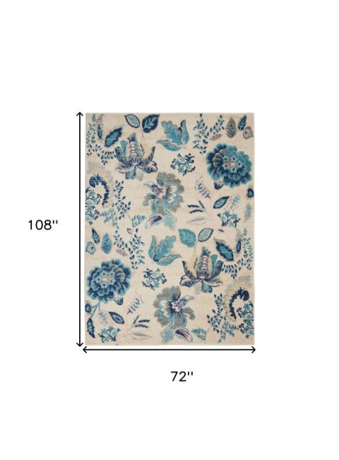 Homeroots 6' Floral Area Rug In Ivory, Navy & Light Blue – Durable, Stain Resistant, Perfect For Homes With Kids!  Polypropylene 550906