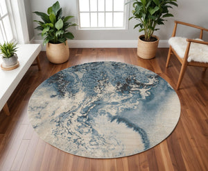 HomeRoots 5' Teal and Ivory Abstract Round Rug – Stylish, Stain-Resistant, Non-Skid Design for Any Room! 8' Round 550908