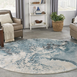 HomeRoots 5' Teal and Ivory Abstract Round Rug – Stylish, Stain-Resistant, Non-Skid Design for Any Room! 8' Round 550908