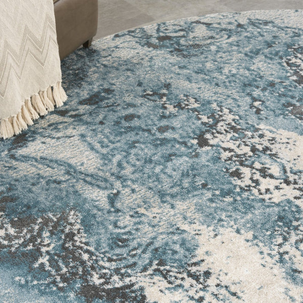HomeRoots 5' Teal and Ivory Abstract Round Rug – Stylish, Stain-Resistant, Non-Skid Design for Any Room! 8' Round 550908