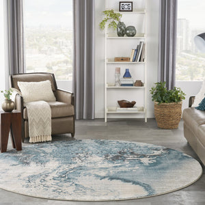 HomeRoots 5' Teal and Ivory Abstract Round Rug – Stylish, Stain-Resistant, Non-Skid Design for Any Room! 8' Round 550908