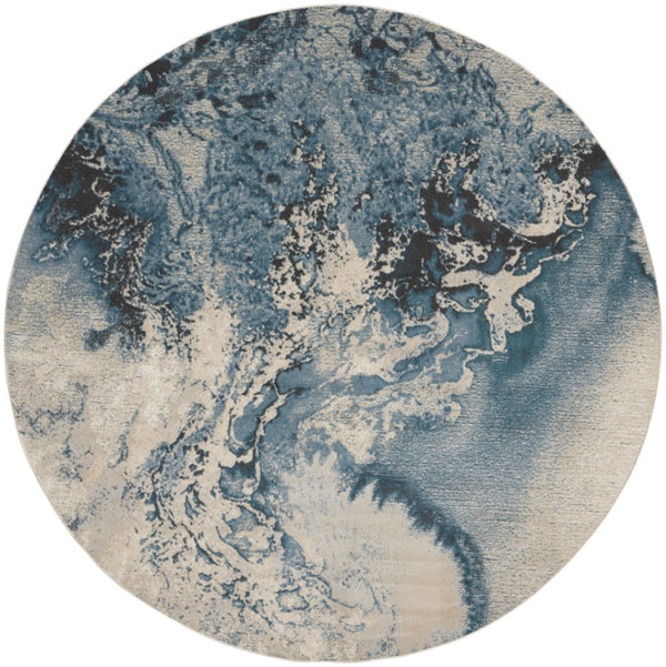 HomeRoots 5' Teal and Ivory Abstract Round Rug – Stylish, Stain-Resistant, Non-Skid Design for Any Room! 8' Round 550908