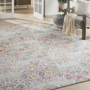 HomeRoots 8' Elegant Ivory Red and Yellow Damask Distressed Area Rug for Timeless Home Style and Durability 8' X 10' 550910