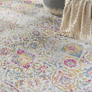 HomeRoots 8' Elegant Ivory Red and Yellow Damask Distressed Area Rug for Timeless Home Style and Durability 8' X 10' 550910