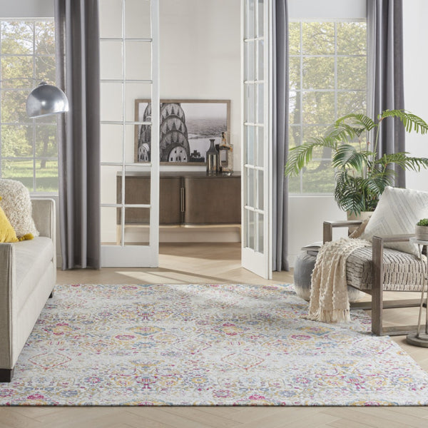 HomeRoots 8' Elegant Ivory Red and Yellow Damask Distressed Area Rug for Timeless Home Style and Durability 8' X 10' 550910