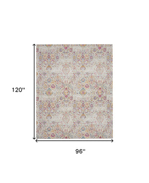 Homeroots 8' X 10' Ivory Red And Yellow Damask Distressed Area Rug  Polyester 550910