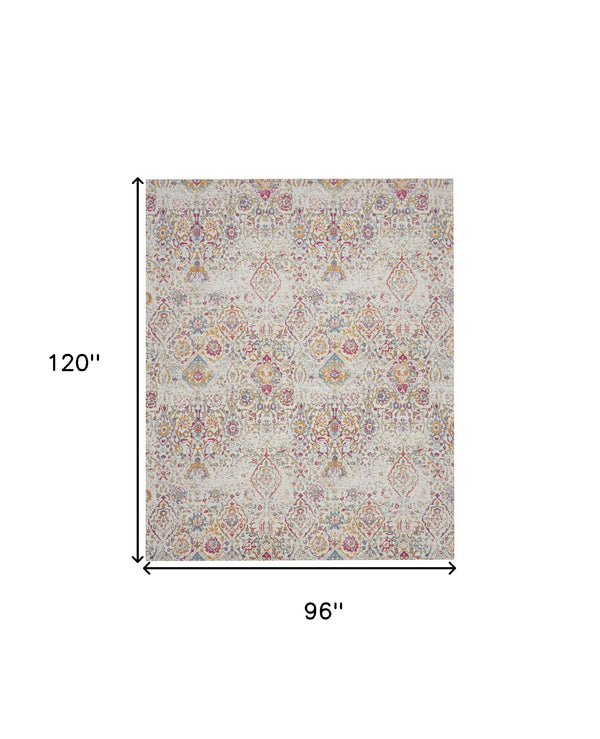 Homeroots 8' X 10' Ivory Red And Yellow Damask Distressed Area Rug  Polyester 550910