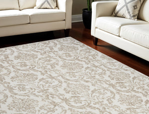 Homeroots 8' X 10' Beige And Ivory Damask Distressed Non Skid Area Rug  Polypropylene 550911