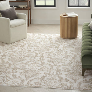 HomeRoots 8' Elegant Beige and Ivory Damask Distressed Area Rug for Timeless Living Room Style and Comfort 8' X 10' 550911
