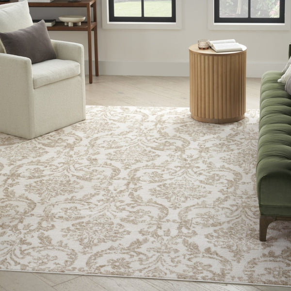 HomeRoots 8' Elegant Beige and Ivory Damask Distressed Area Rug for Timeless Living Room Style and Comfort 8' X 10' 550911